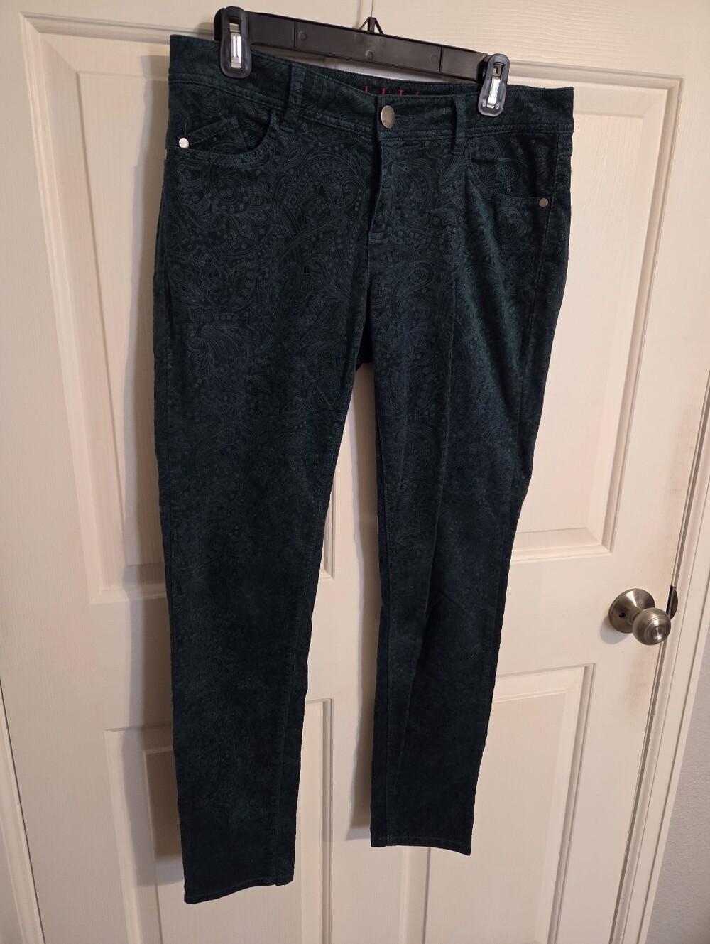 Elle dark teal green paisley print corduroy jeans/pants size 8 regular